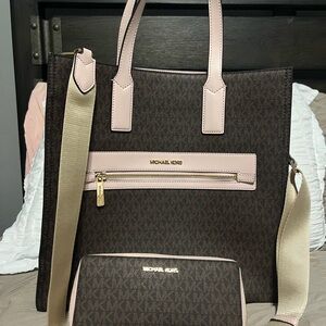 Michael Kors Dark Brown and Light Pink Tote Set